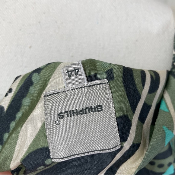 BRUPHILS Women's Green Geometric Sleeveless Silk Top V-Neck Ribbon Tie Sz 44 L - Picture 4 of 7